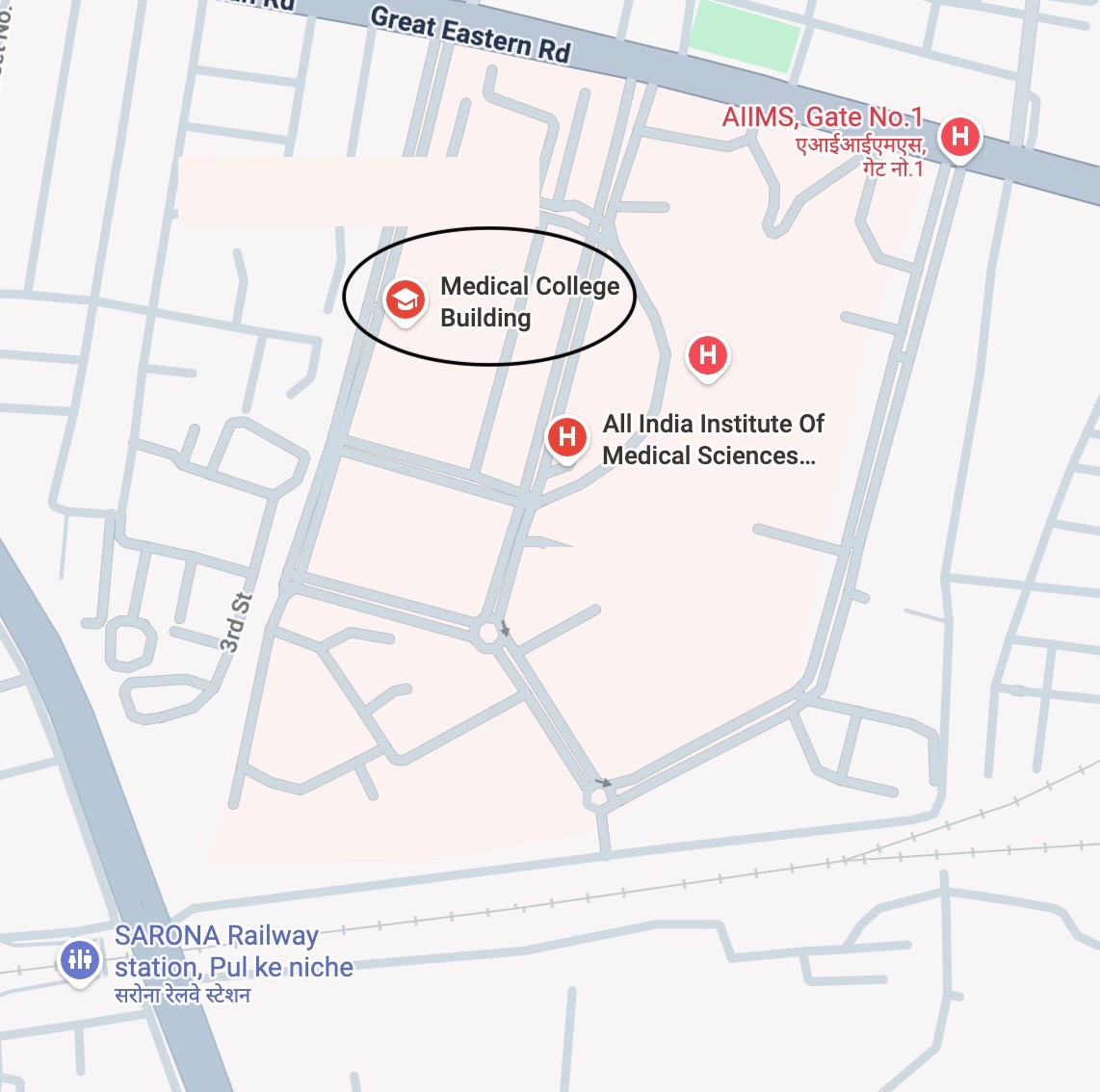 Map — Medical College Building, AIIMS Raipur, off Great Eastern Road near Gate No. 1